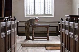 Cary Carson measuring interior of this 1601 chapel