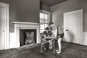 NIAHD William and Mary students measuring floor plan; 1856 wing 