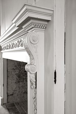 Drawing room mantel, 1750s, and bell pull, 1790s
