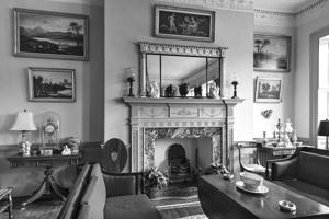 Drawing room with ornament on mantel added during restoration ma