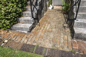 Early yellow-brick border around garden-side steps