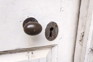 Original lock furniture, approach front door; 1786
