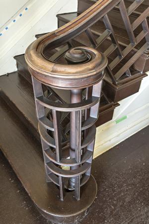Newel treatment, Chinese lattice staircase, 1760s