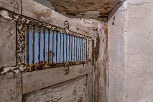 Wrought-iron grille in wine vault door