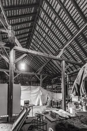 Canted and braced posts used to support purlins; ca. 1850