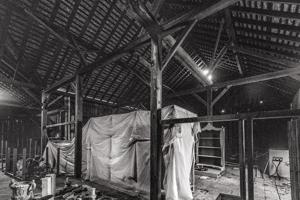 Canted and braced posts used to support purlins; ca. 1850