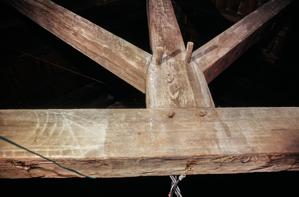 Ship graffiti on strraining beam below king post; ca. 1798-1800