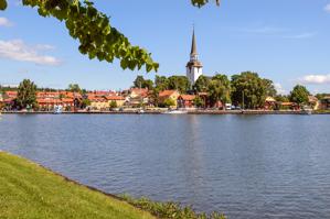 View of village across lake