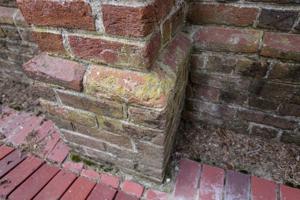 Water table detail on buttress. Built 1717–21, renovated in 18